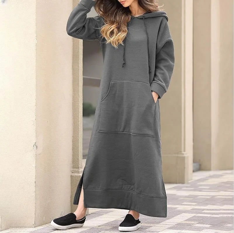 Women's Hoodie Midi Dress | Lace-Up Hem Casual Sweatshirt Long Dress | HotTrendyPicks