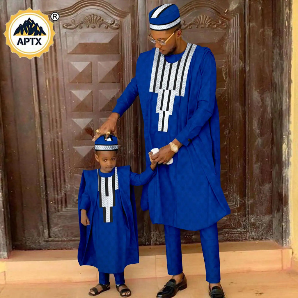 Tenue assortie africaine pour la famille en Bazin Riche, ensembles musulmans, vêtements Dashiki père et fils, robe Agbada, chemise et pantalon, chapeau Y23F001
