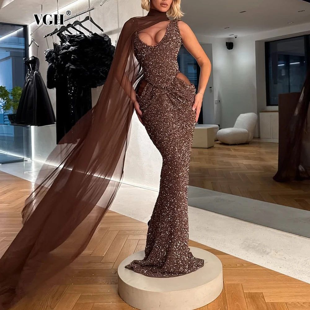 VGH Chic Sparkly Sequin Mermaid Maxi Dress for Women Deep V Sleeveless Mesh Cutout Waist with Sheer Cape for Evening Party Gown