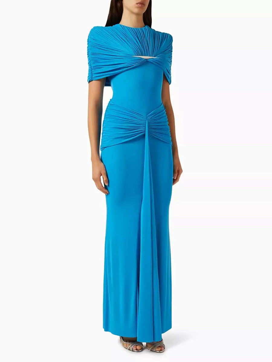 VGH Elegant Light Luxury Maxi Dress for Women Cape Sleeve Cutout Twist Waist Long Gown for Celebrity Formal Dinner Party Outfit