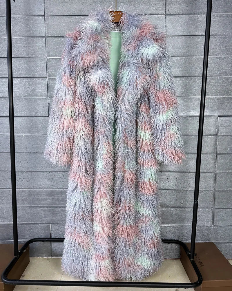 LANMREM Trendy Women's Faux Fur Coat Printed Colorful Furry Coats Autumn Winter Chic Suit Collar Thick Long Overcoat 2DB5840