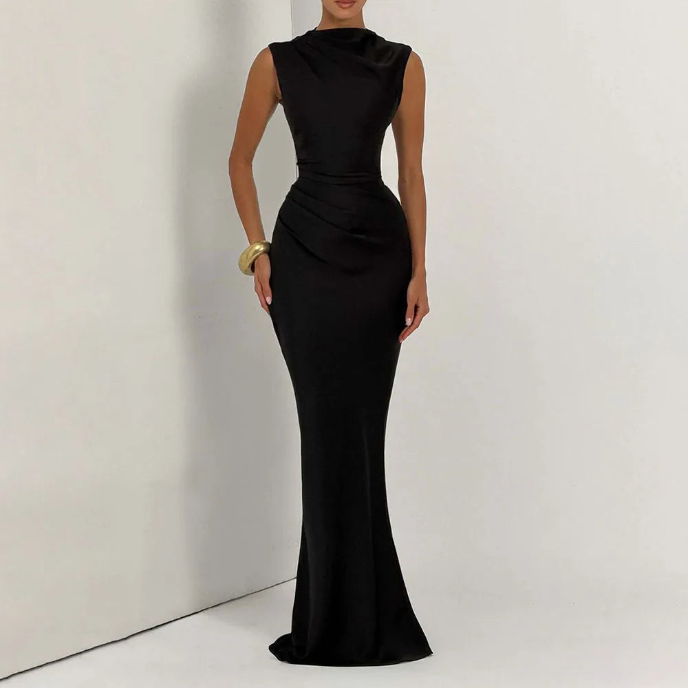 VGH Solid Fashion Satin Cowl Neck Maxi Dress For Women Sleeveless Ruched Waist Mermaid Hem Elegant Evening Banquet Chic Outfit
