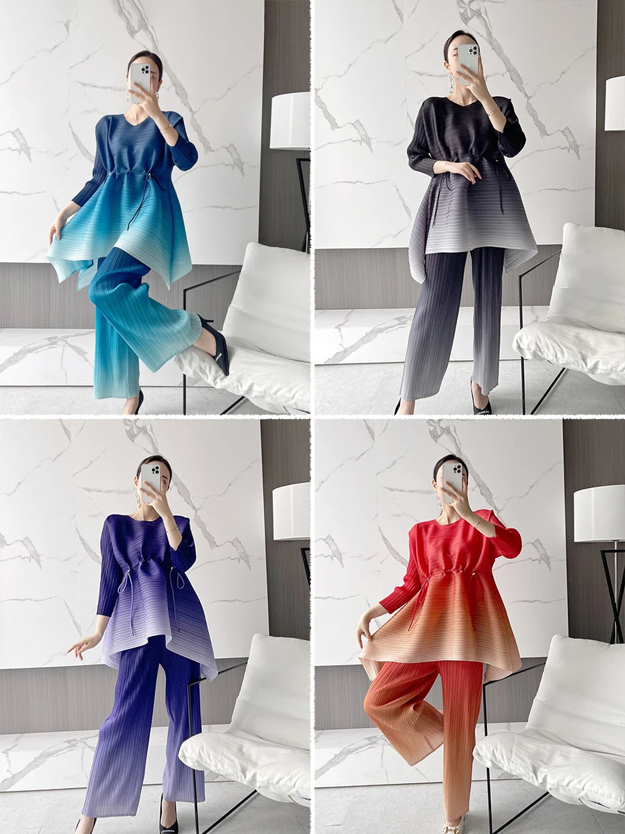 EGRM Gradient Pleated Set Drawstring Slim Full Sleeved Top and High Waisted Wide Leg Pants 2 Piece Sets for Women 2023 New 8RM91
