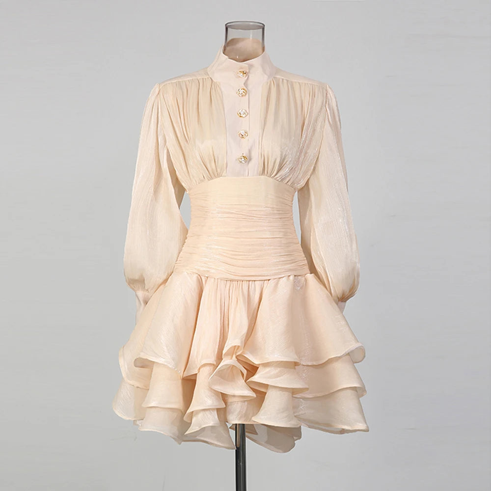VGH Elegant Pink High Neck Organza Fabric Mini Dresses for Women Puff Sleevs Ruched Waist Tiered Ruffles for Cocktail Parties