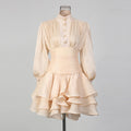 VGH Elegant Pink High Neck Organza Fabric Mini Dresses for Women Puff Sleevs Ruched Waist Tiered Ruffles for Cocktail Parties