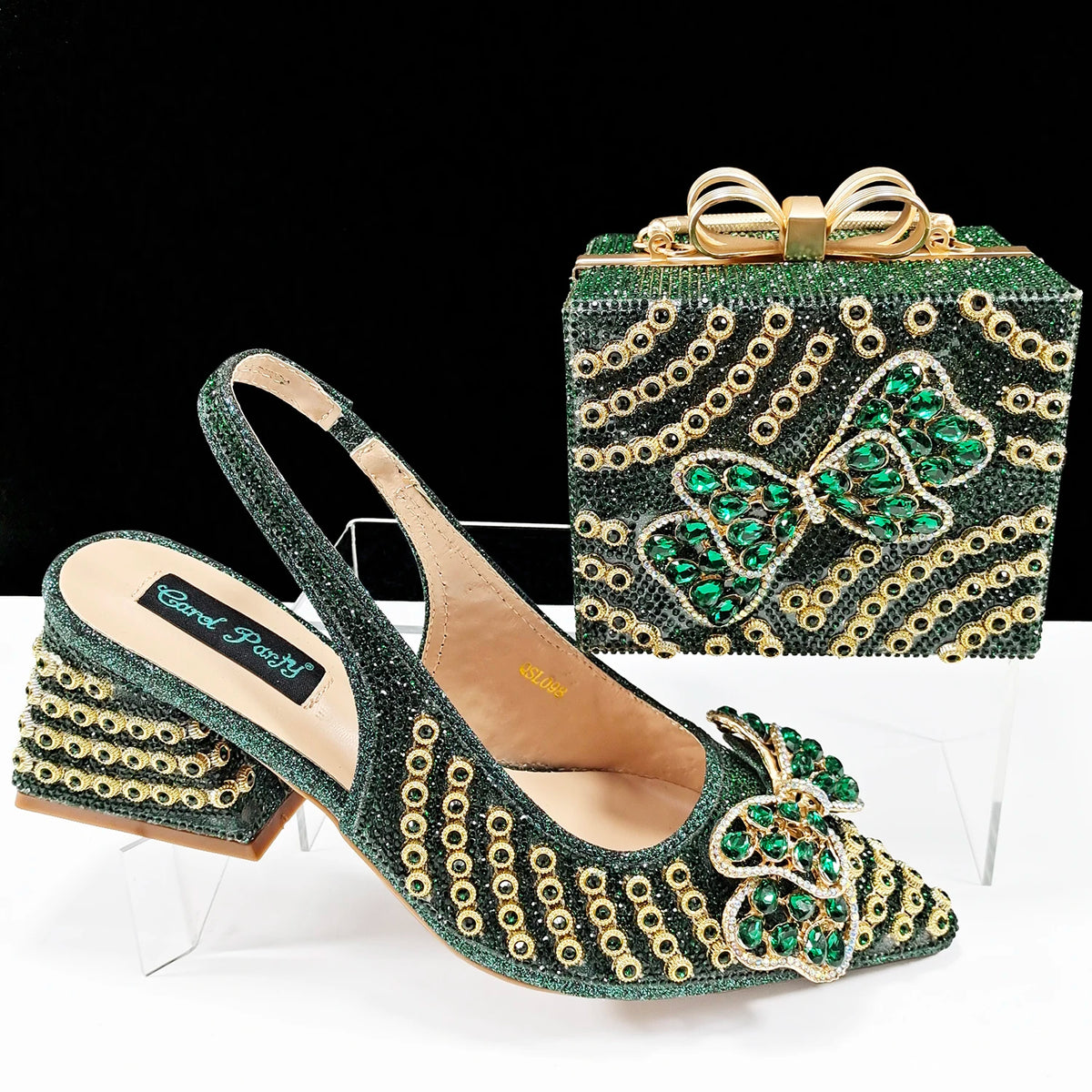 Women's Rhinestone Pointed Toe Heels & Handbag Set
