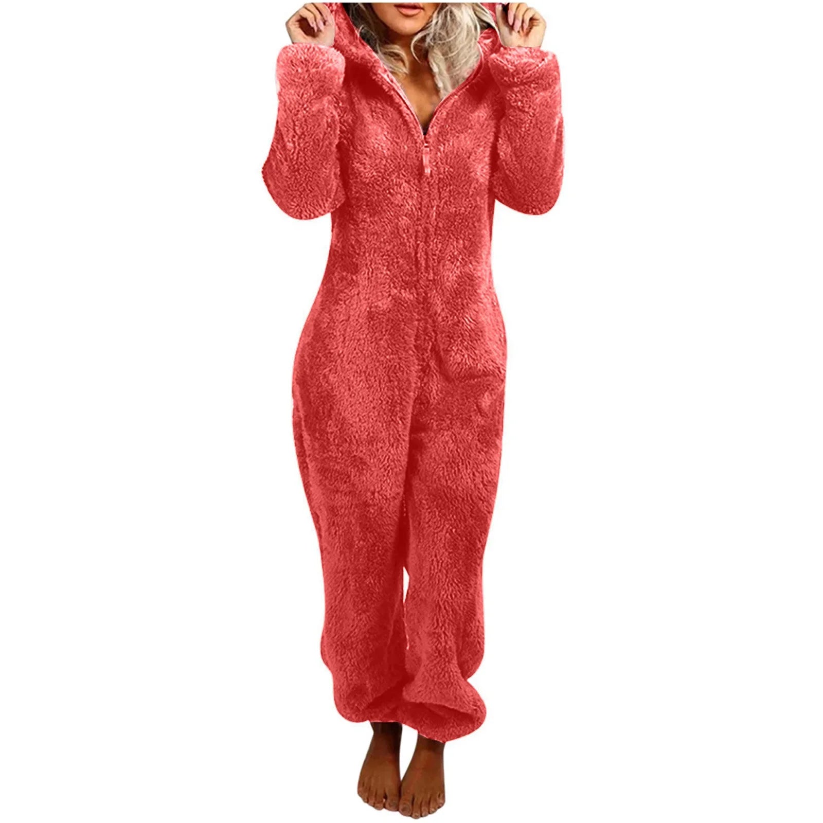 Autumn Winter Thick Fleece Women's Onesie Pajamas with Hat Casual Style Comfortable Soft Fabric