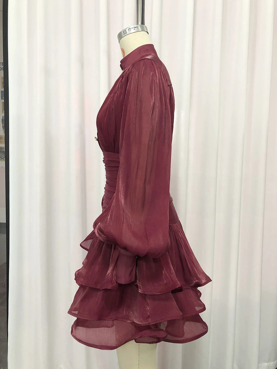 VGH Elegant Pink High Neck Organza Fabric Mini Dresses for Women Puff Sleevs Ruched Waist Tiered Ruffles for Cocktail Parties