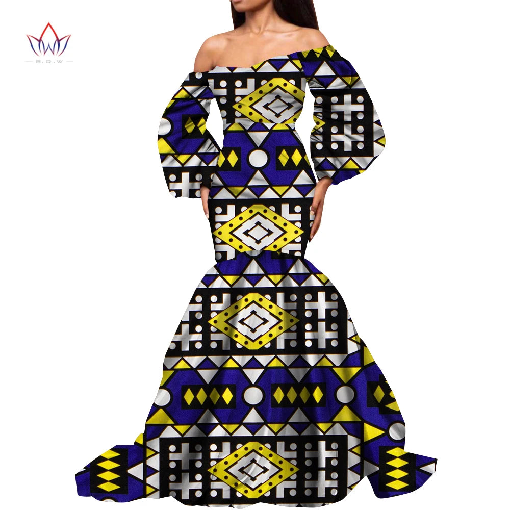 Dashiki African Dresses for Women Daily Party Wedding African Women Dresses Floor-Length Long Puff Sleeve Bandeau Dress Kg1092