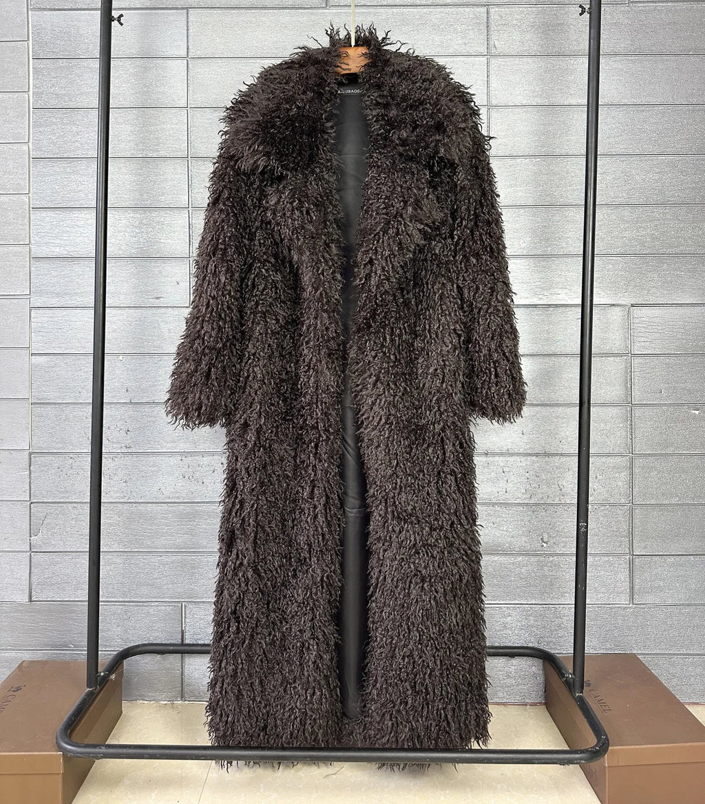 LANMREM Colorful Women's Furry Coat Rose Pink Faux Fur Coat Suit Collar Autumn Winter Thick Cardigan Long Overcoat Chic 2DB5859