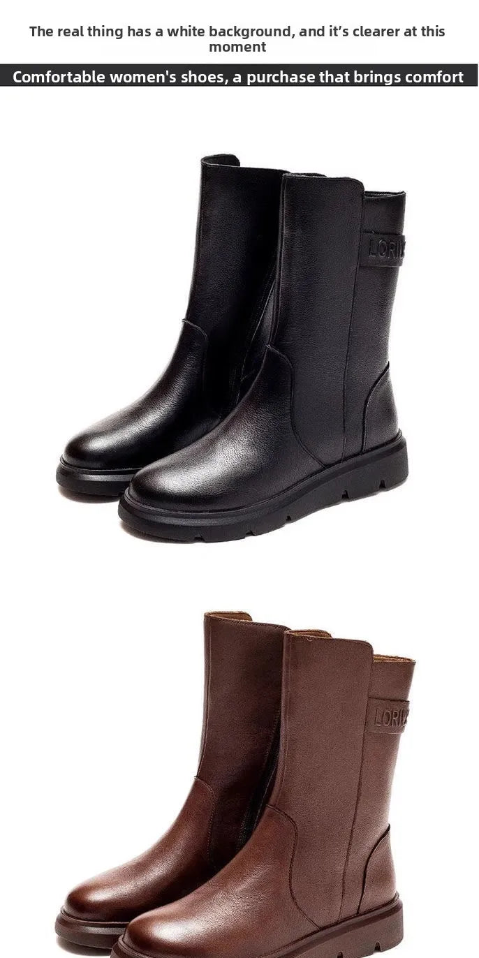 Genuine Leather Mid-Calf Motorcycle Boots Women's Autumn Winter New Style Retro Soft Bottom  Boots Trendy Short Boots