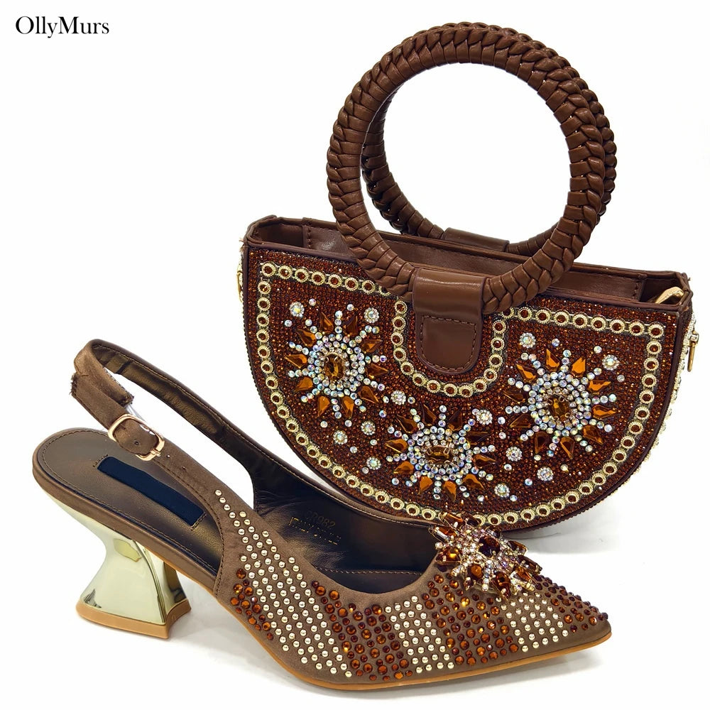 Italian Fashion Rhinestone Women Sanada Shoes And Bag Set Summer Style Woman Pumps Shoes And Bag Matching Set For Party