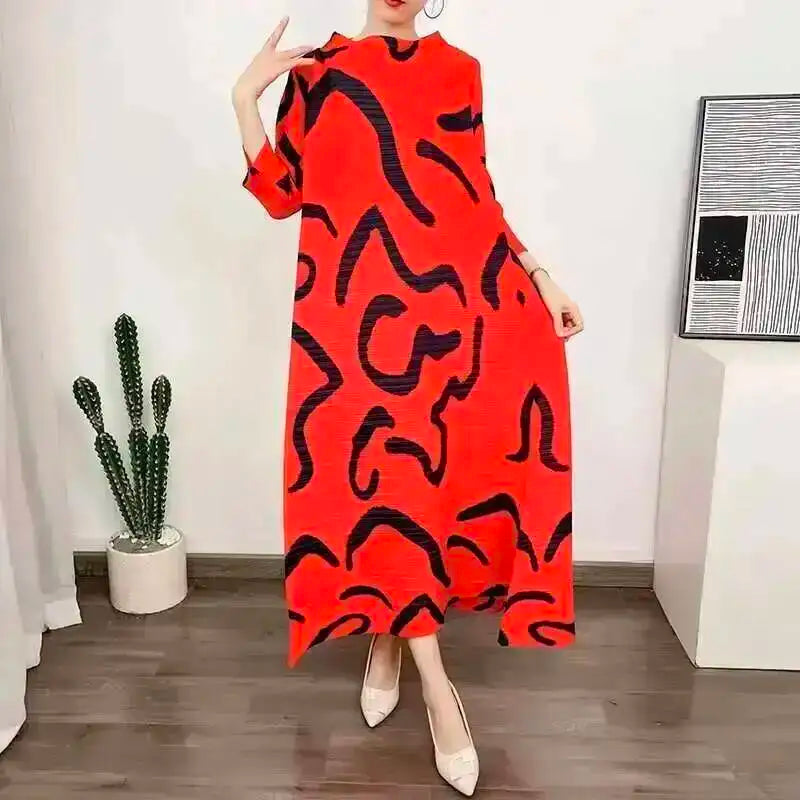 LANMREM Color Block Pleated Dress Women Loose Style Long Length Fashion Dresses Festival Clothes 2024 Spring Summer New 2DA1028