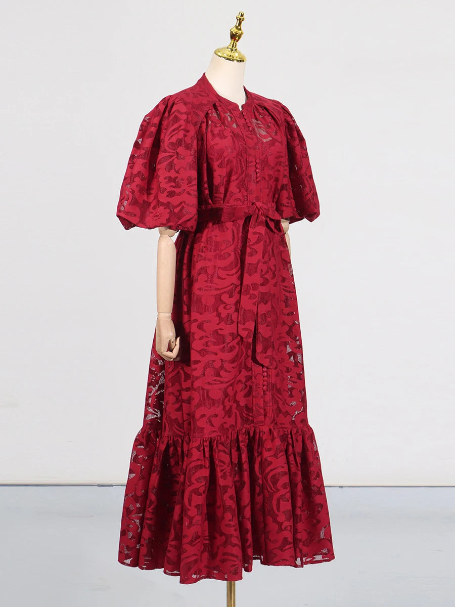 VGH Fashion Patchwork Bow Mesh Dresses for Women Round Neck Long Sleeve Spliced Embroidery Temperament Dress Female Clothing New