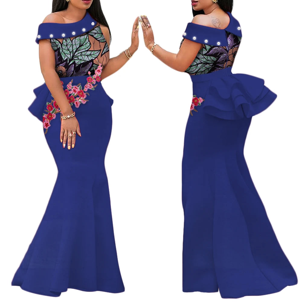 African Print Dresses for Women Riche Applique Draped Peals Long Dress Party Vestidos Traditional African Lady Clothing WY444