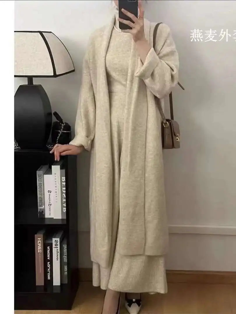 Ensemble 3 Pièces Tricoté Élégant Femme – Long Cardigan, Gilet Sans Manches, Jupe Longue Taille Haute Évasée