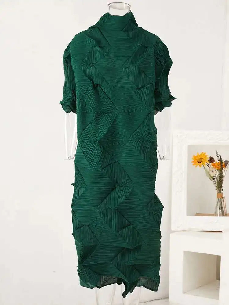 Women's Pleated Turtleneck A-Line Maxi Dress | Vintage Loose Fold Petal Sleeve | Spring 2025 | AvantBah