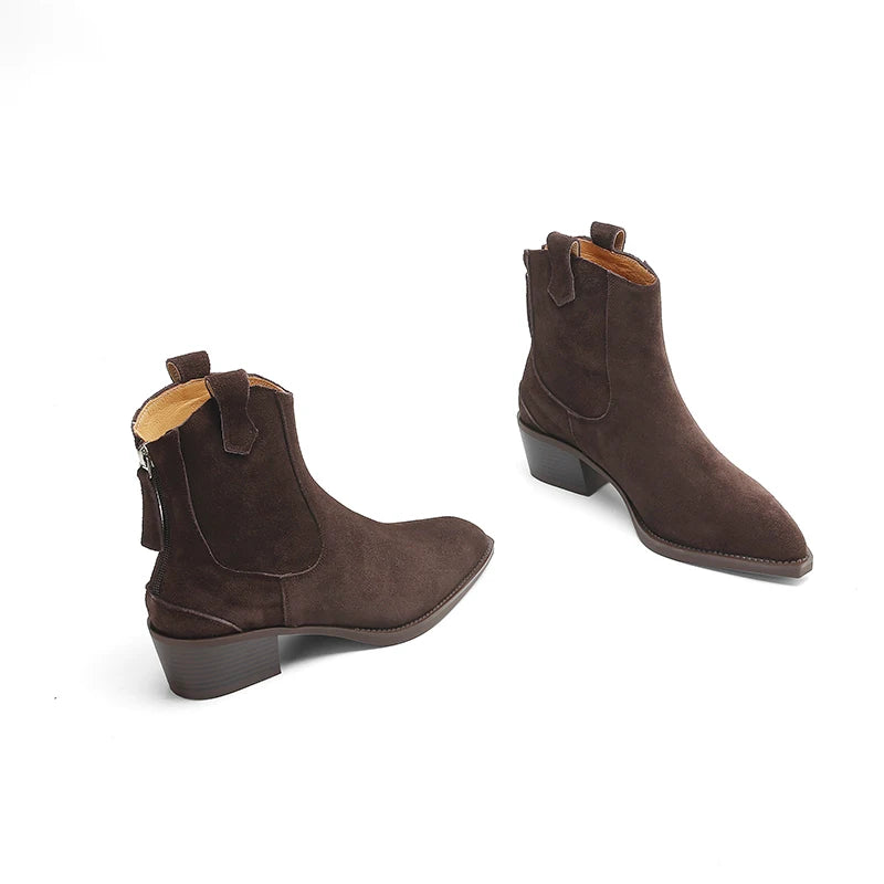 New 2025 Trend Autumn Cow Suede Women Western Boots Black Brown Khaki Chocolate Green Burgundy Pointed Toe Ladies Ankle Boots