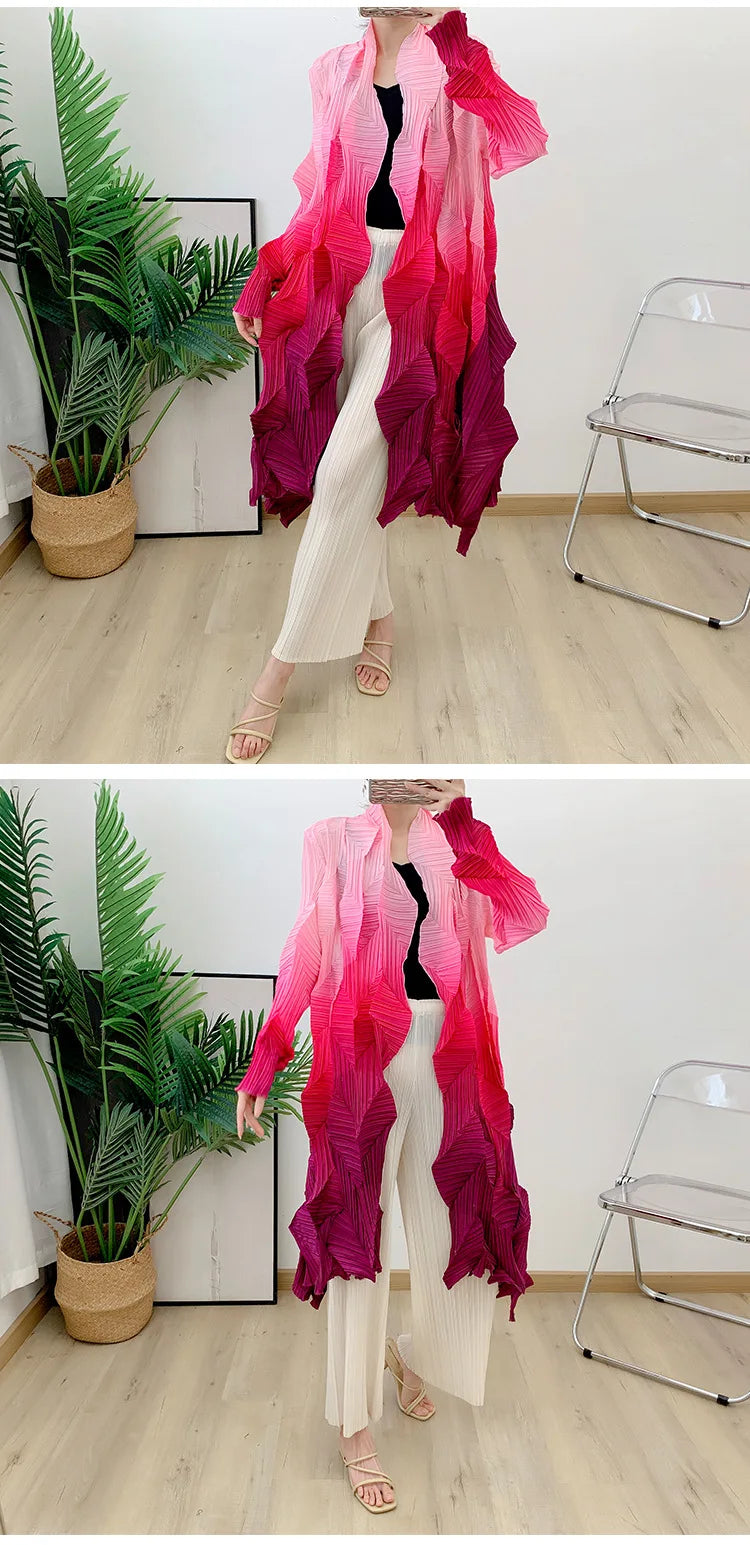Women's Miyake Pleated Gradient Cardigan Cape Jacket | Loose Mid-Length Autumn Coat 2025 | AvantBah