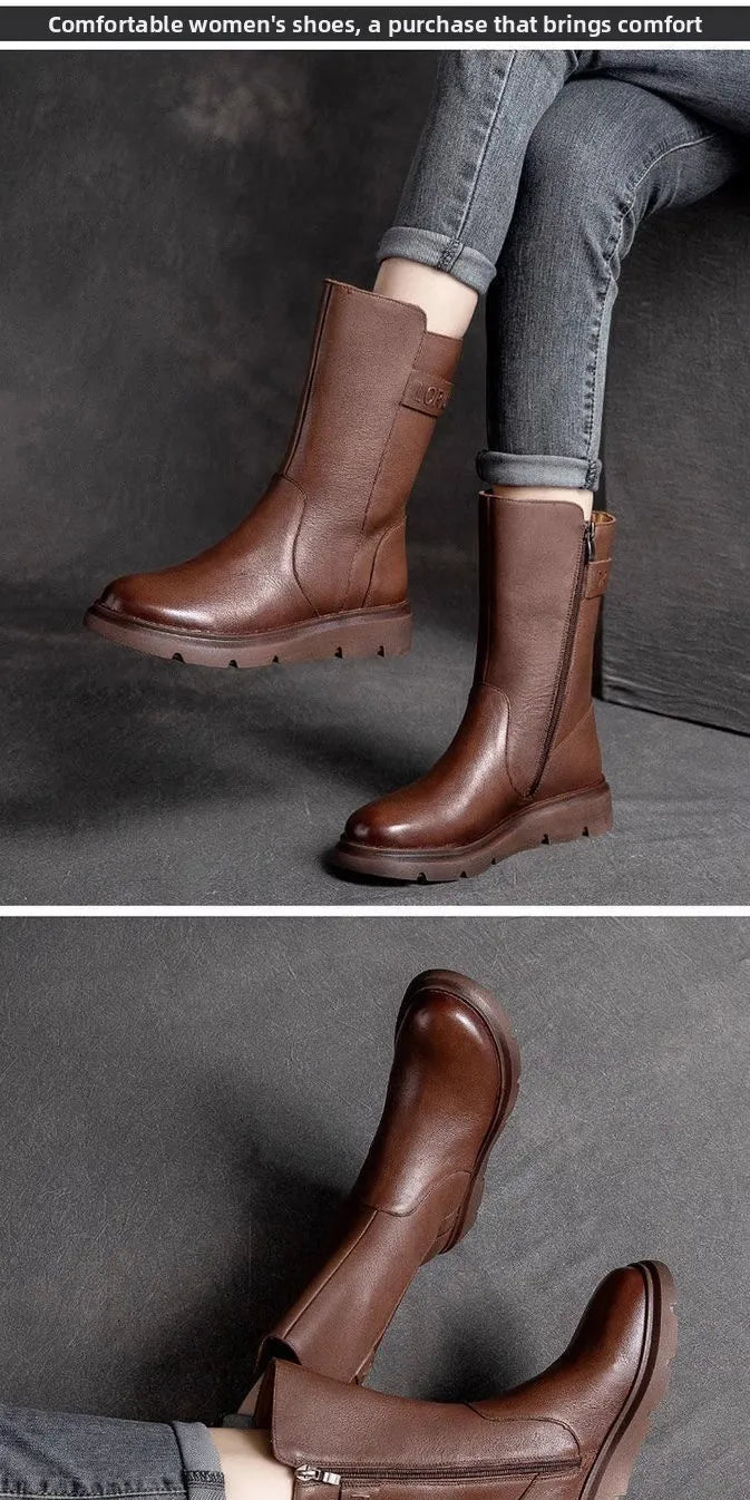 Genuine Leather Mid-Calf Motorcycle Boots Women's Autumn Winter New Style Retro Soft Bottom  Boots Trendy Short Boots