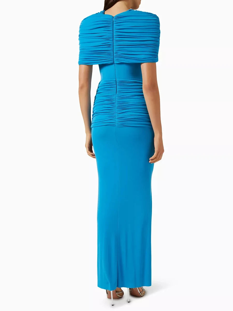 VGH Elegant Light Luxury Maxi Dress for Women Cape Sleeve Cutout Twist Waist Long Gown for Celebrity Formal Dinner Party Outfit