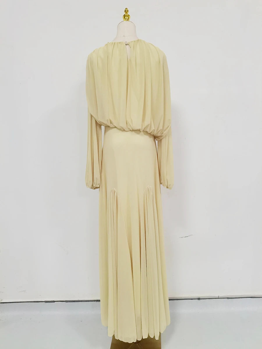 VGH Yellow Dinner Loose Folds Maxi Dresses for Women O Neck Shoulder Pud High Waist Temperament Dress Female Fashion Clothing
