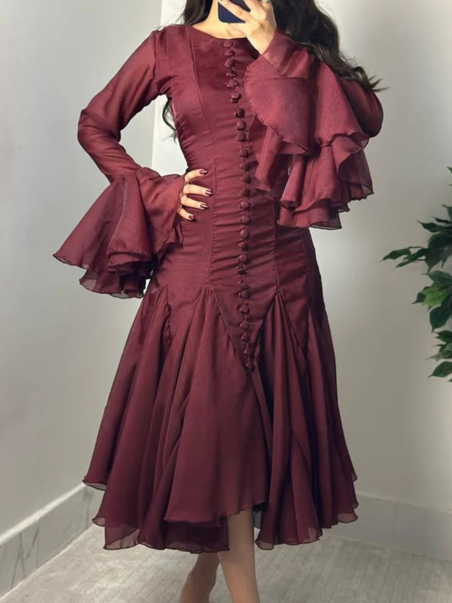 VGH Patchwork Irregular Hem Midi Dress for Women Round Neck Ruffles Sleeve High Waist Temperament Elegant Prom Dresses Female