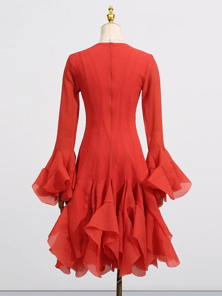 VGH Patchwork Irregular Hem Midi Dress for Women Round Neck Ruffles Sleeve High Waist Temperament Elegant Prom Dresses Female
