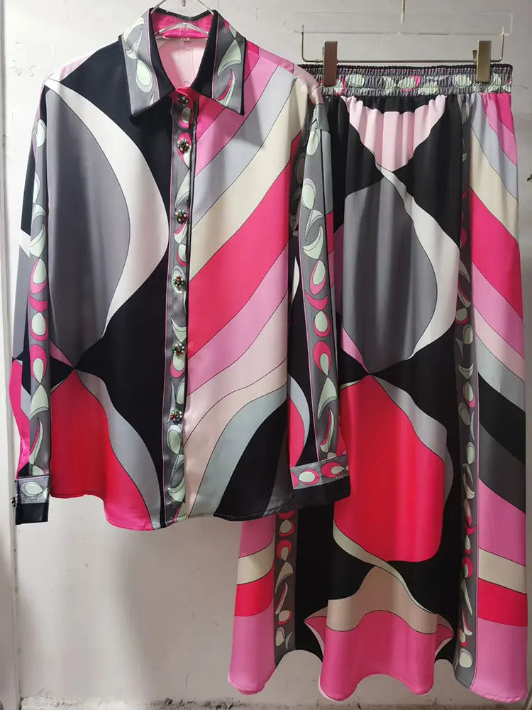Women’s Retro 2-Piece Set – Geometric Print Long Sleeve Shirt & Elastic Waist Midi Skirt | Cotton Blend | S–XXL | 8 Colours