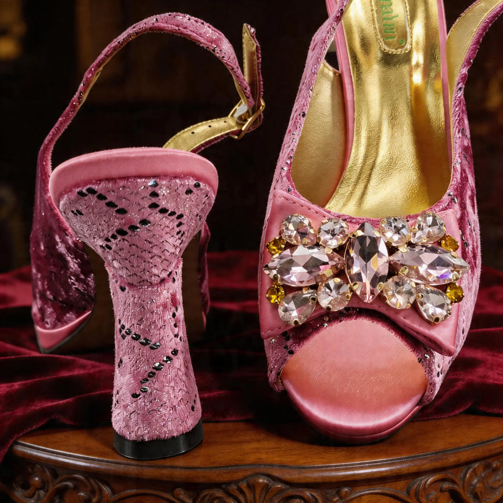 New Arrive Peep Toe Heels Bigger Size for Women 2026 Elegant Party Pink Color Diamond Pumps Italian Shoes and Bags Matching Set
