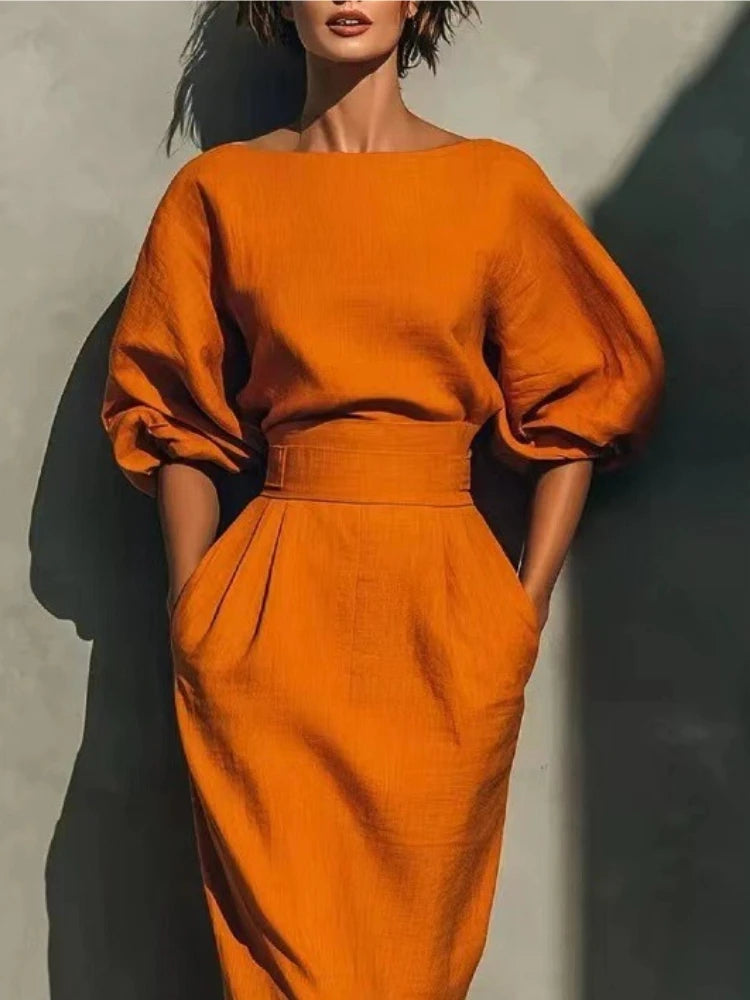 Elegant Fashion Solid Party A-lien Dress Casual O-neck Lantern Sleeve Pocket Dress Temperament High Waist Pleated Wrap Hip Dress
