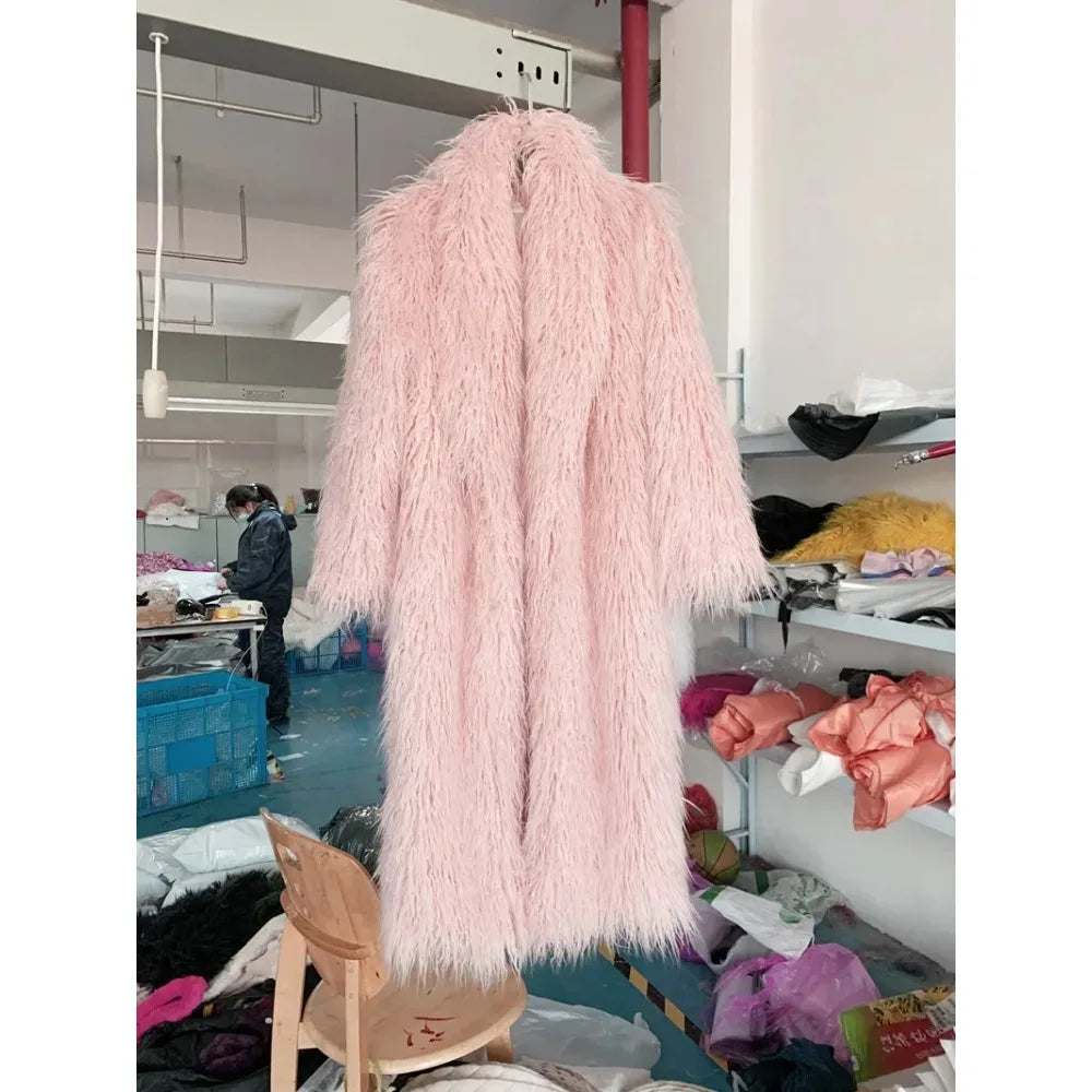 Veste en fausse fourrure femme, manteau long épais et duveteux pour l'hiver, shaggy, ouvert, col rabattu, streetwear