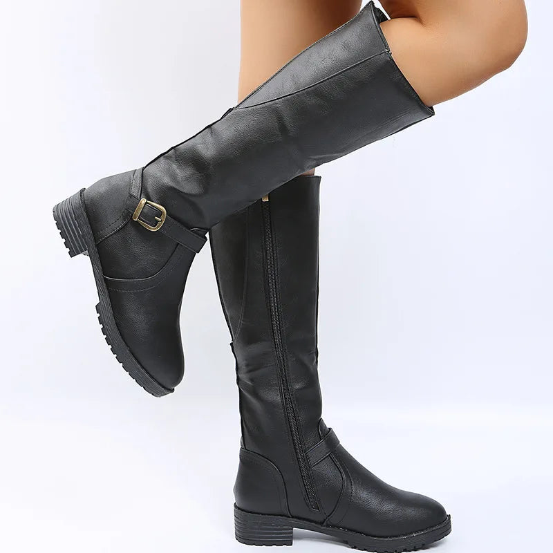 Women Knee High Boots Platform Long Boots Low Heels Round Toe Shoes New Zip Brown High Boot Vintage Pu Leather Women Boots 2025