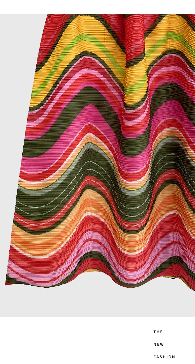 2025 Spring New Women's 2 Piece Set Miyake Pleated Top Fashion Stripe Age Reducing Suit Fashionable Matching Printed Half Skirt