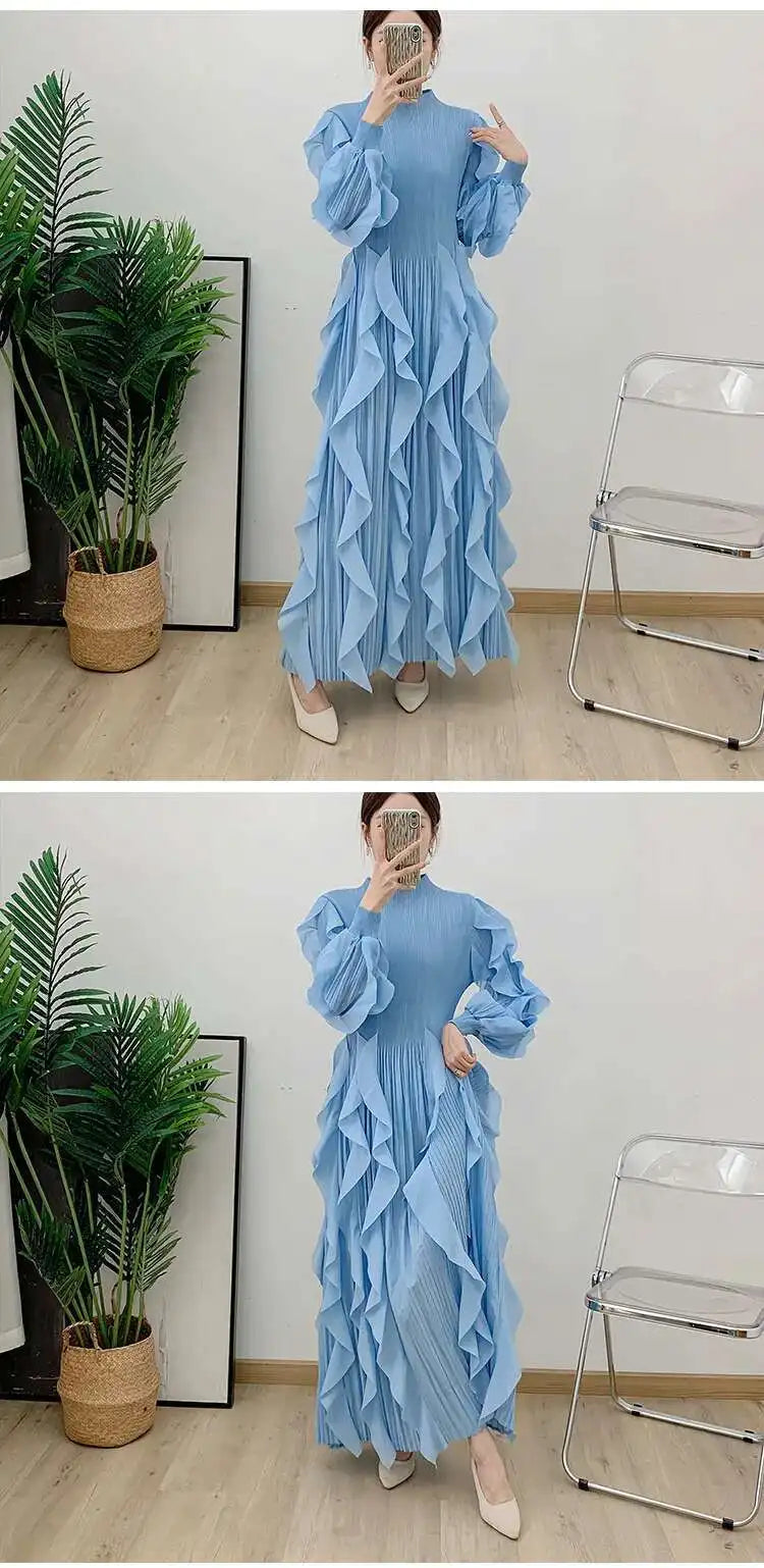 LANMREM Elegant Pleated Dress For Women Stand Collar Puff Sleeves High Stretch Personalized Dresses 2025 Spring New 2Z2817
