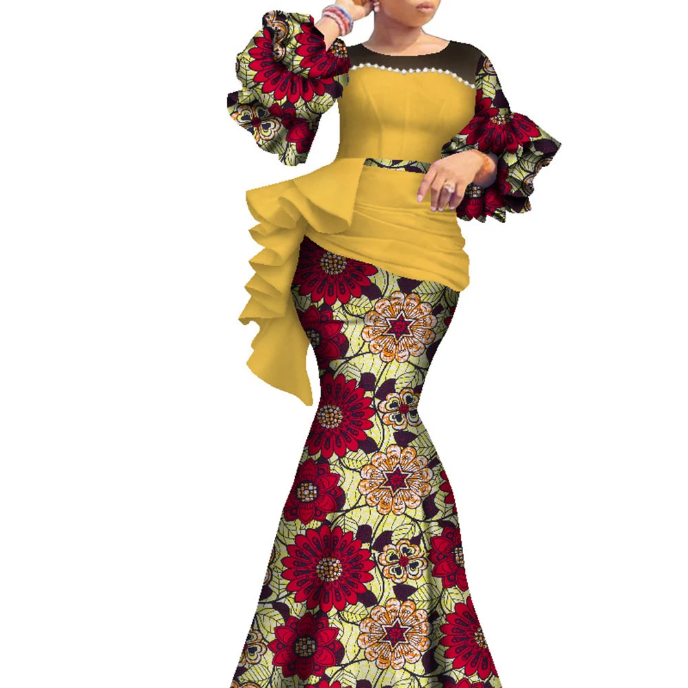 Women’s Ankara Print Lantern Sleeve Maxi Dress – Dashiki | Pearl Detail | Cotton Wax | Wedding & Party | XS–6XL + Custom | 14 Prints
