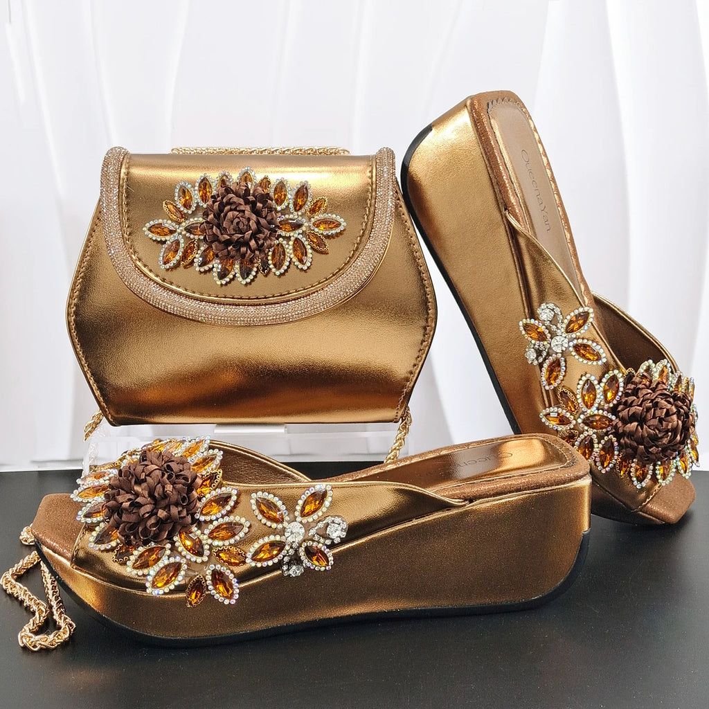 Newest Italian Design Special Synthetic Fabrics Women's Wedge heel Matching Shoe and Bag Set High Heel for Weddings and Parties