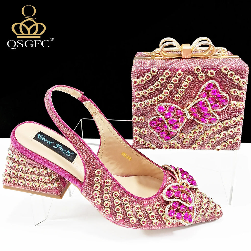 2026 New Arrival Italian-Inspired Champange Rhinestone Pointed Toe Women’s High Heels with Matching Handbag Set Elegant Wedding