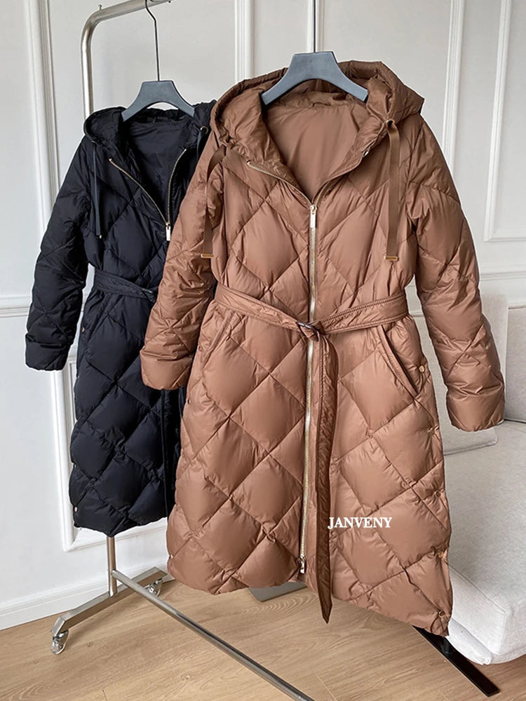 Women's Thickened Warm Hooded Puffer Jacket Winter Duck down Coat Fluffy Long Belted Zipper Closure Casual Style
