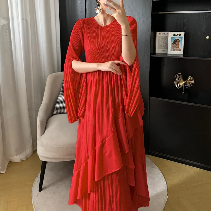 Ruffled Butterfly Sleeve Long Dress | Shirred A-Line Casual Dress