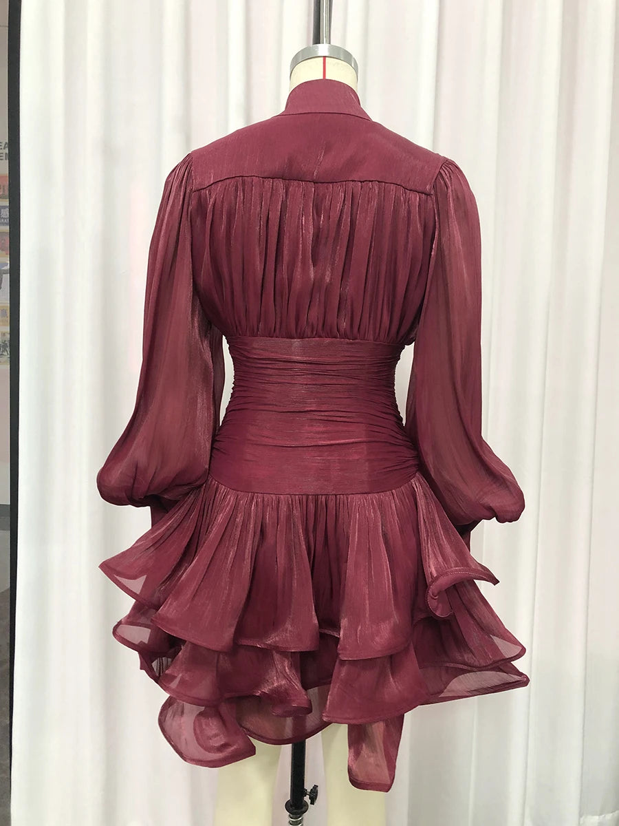 VGH Elegant Pink High Neck Organza Fabric Mini Dresses for Women Puff Sleevs Ruched Waist Tiered Ruffles for Cocktail Parties
