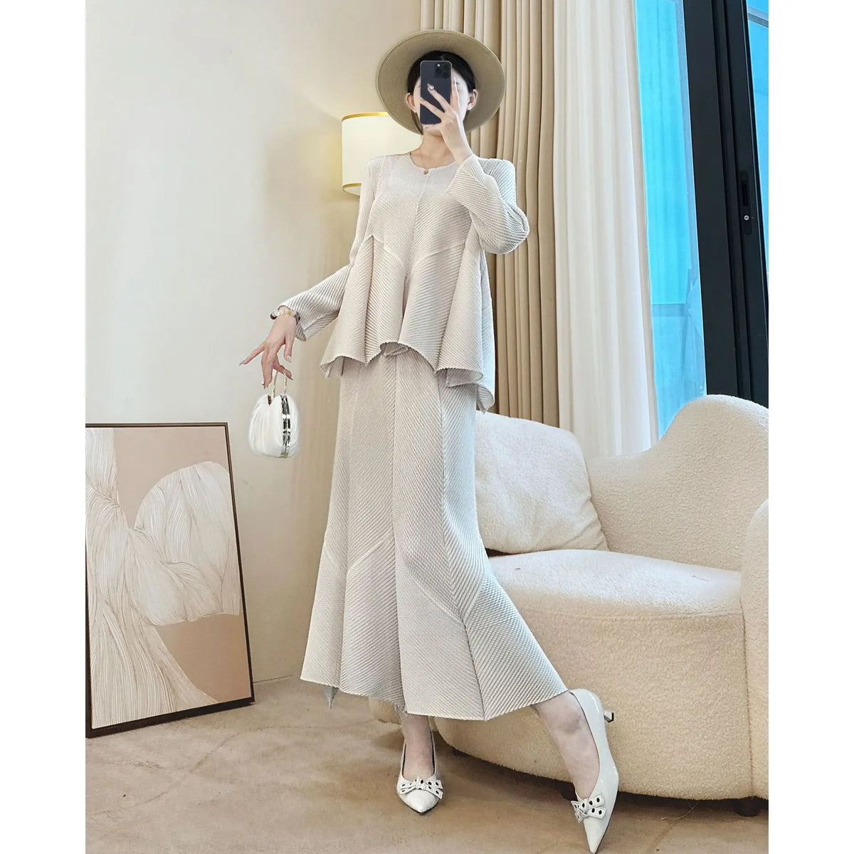 Women's Pleated Two-Piece Top and Skirt Set