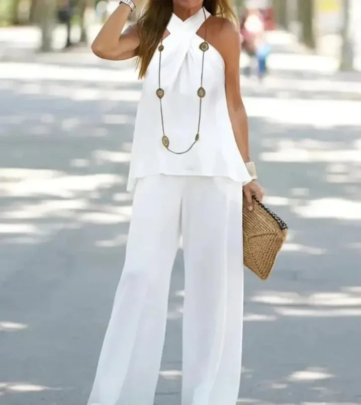 Halter V-Neck Top & Wide-Leg Trouser Two-Piece Set