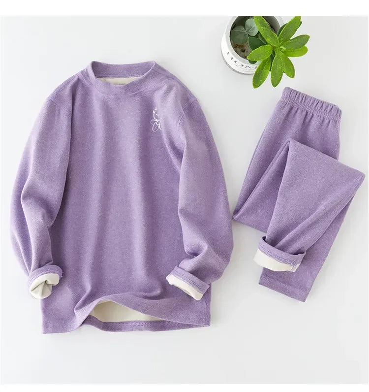 Boys Thermal Fleece Thermal Underwear 37°C Constant Temperature Warm Two-Piece Winter Pajamas Set Unisex Kids Long Johns for Ages 7-13