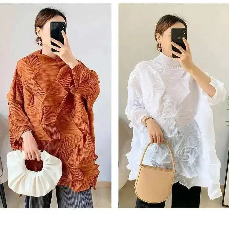 Women's Pleated Stand Collar Top | Loose Solid Colour Chic T-Shirt | Spring Summer 2026 | AvantBah