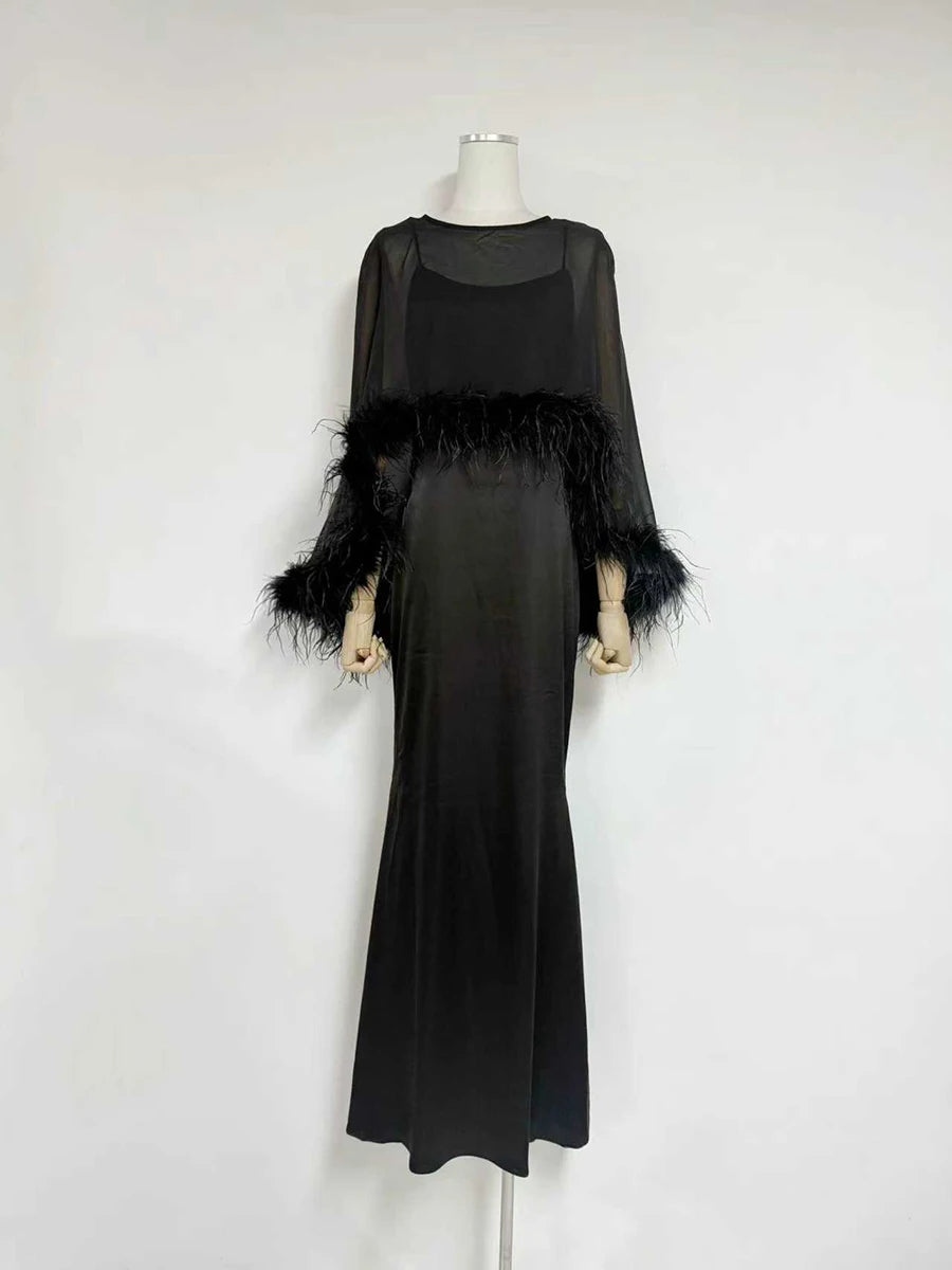 VGH Formal Feather Cape Sleeve Maxi Dress for Women O Neck Spaghetti Strap Floor Length Long Evening Prom Cocktail Party Gown