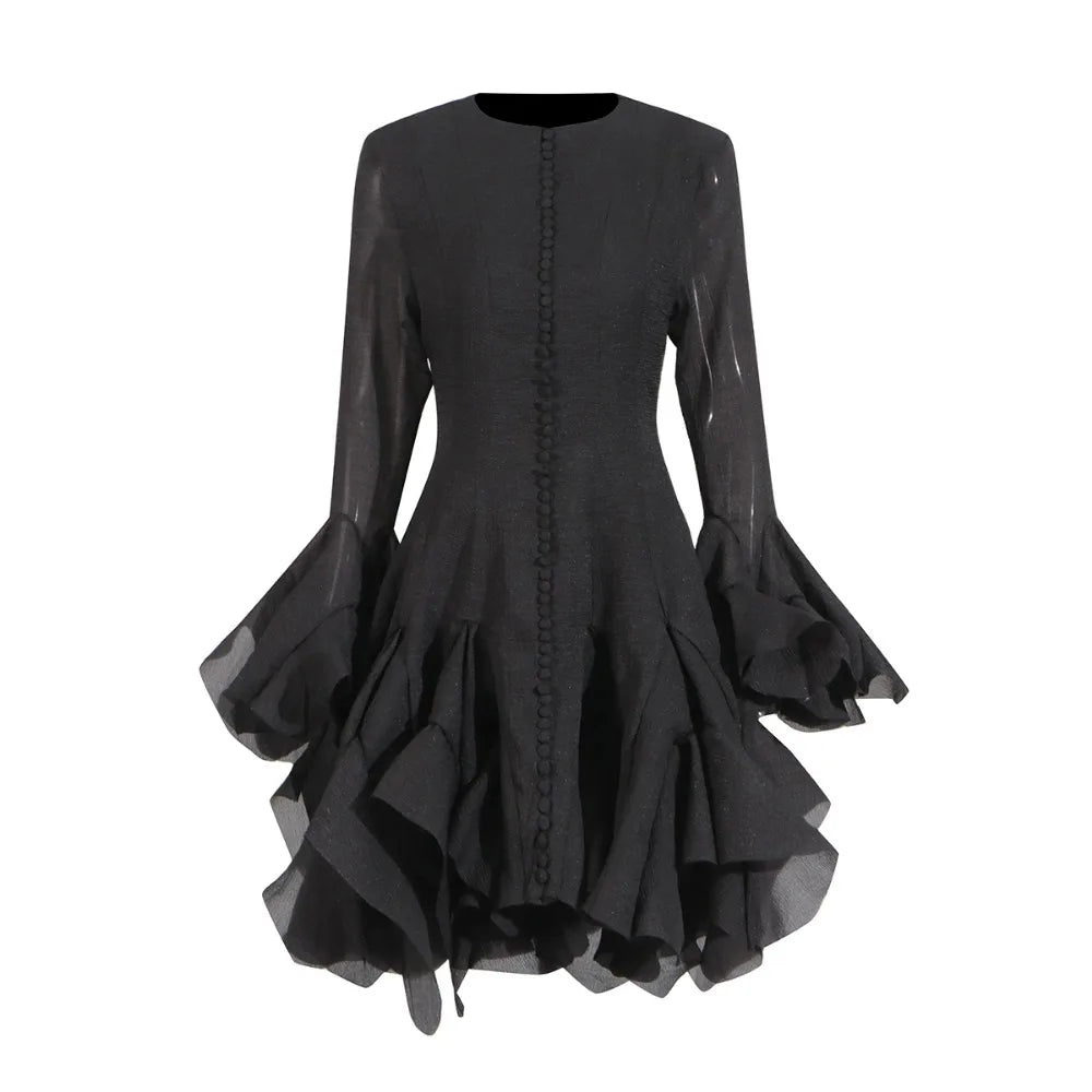 Women's Patchwork Ruffle-Sleeve A-Line Midi Dress