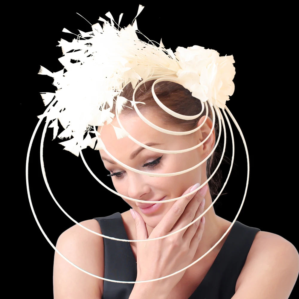 Gold Fascinator Hat Wedding Church Headpiece Women Formal Event Tea Chapeau Cap party elegant bride Feather Millinery Femme