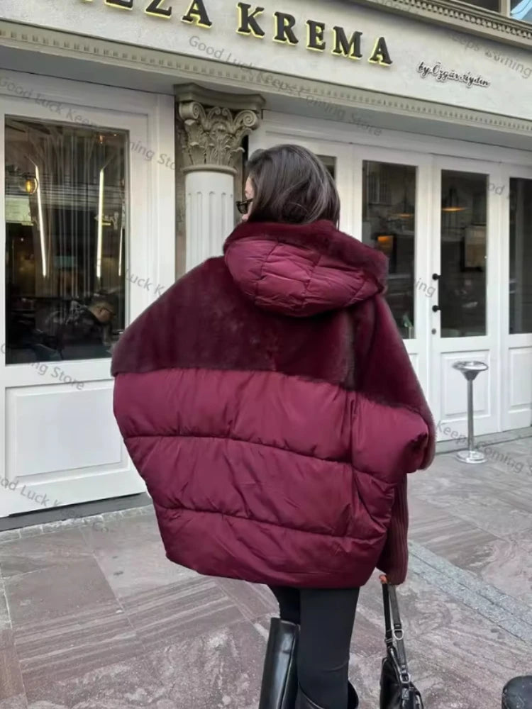 Women Fashion Hooded Patchwork Faux Fur Coat Knitted Sleeve Drop Shoulder Oversize Cotton Coats Autumn Winter 2026 Street Jacket