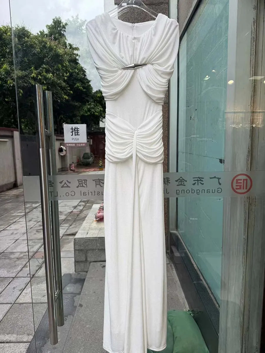 VGH Elegant Light Luxury Maxi Dress for Women Cape Sleeve Cutout Twist Waist Long Gown for Celebrity Formal Dinner Party Outfit